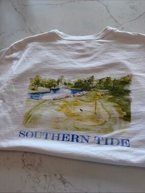 Southern Tide White Tee with Blue Logo and Green Golf Scene